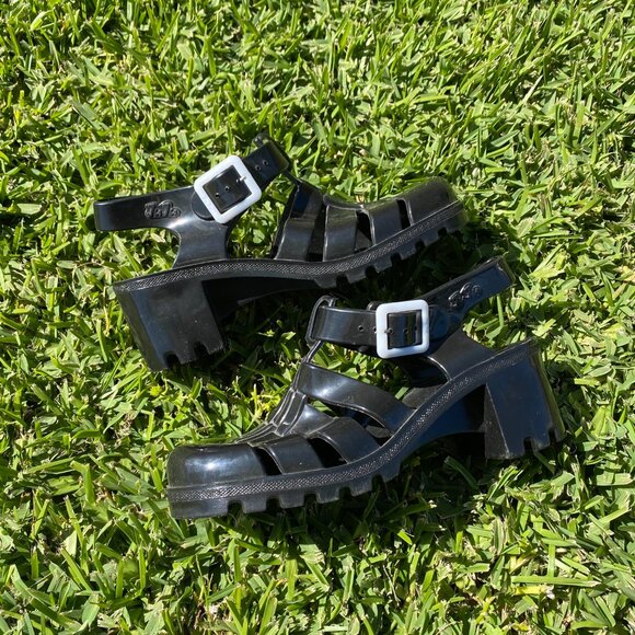 JuJu & Co. Jelly Black Sandal Chunky Heels With Buckle Strap Women's 6 / UK 4 - Picture 2 of 4